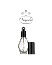 Cargar imagen en el visor de la galería, Diamond Glass Perfume Atomizer Bottle with a black spray top and over cap. Sizes available are 1/2 oz., 1 oz. and 2 oz.