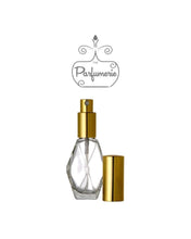 Cargar imagen en el visor de la galería, Diamond Glass Atomizer Perfume Bottle with a Gold spray top and over cap. Sizes available are 1/2 oz., 1 oz. and 2 oz.