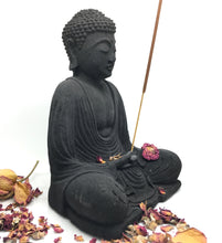 Load image into Gallery viewer, Essential Oil Incense being held by our Black Buddha Incense Holder.. Buddha Holder comes in different colors.