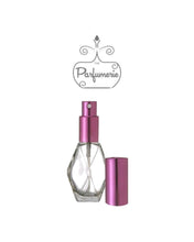 Load image into Gallery viewer, Perfume Bottle. Diamond Glass Atomizer Spray Bottle with a Purple spray top and over cap. Sizes available are 1/2 oz., 1 oz. and 2 oz.