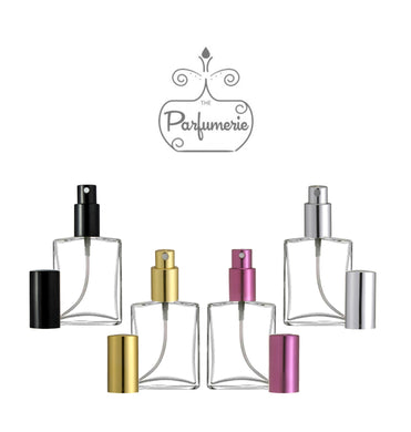 Perfume Bottles. Clear glass Flat Spray Bottles in sizes 1/2 oz. 1 oz., 2 oz. and 4 oz. Cap color options are Black, Gold, Purple and Silver.