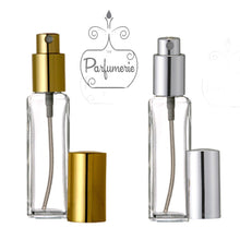 Load image into Gallery viewer, 1 oz. Tall Glass Perfume Bottles. Atomizer Spray Bottles. Gold and Silver Sprayer top with matching over cap. Atomizer Bottles perfect for Perfume Oils, Essential Oils, Fragrance Oils and Room Sprays.