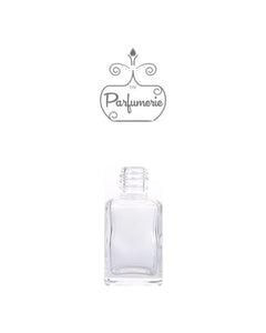 Small Perfume Bottle with clear glass. This Mini Perfume Bottle comes with a Black, Gold, Purple or Silver Spray Top and Over Cap but this picture shows no top to it, just the bottle itself. A High Quality Spray Bottle that holds 1 oz. Perfume Oils, Essential Oils or Fragrance Oils.