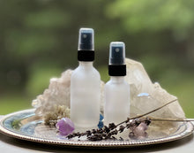 Load image into Gallery viewer, Black Fine Mist Sprayer atop a trendy frosted Perfume Bottle is the perfect option for your Private Label Spa Line.