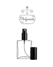 Load image into Gallery viewer, Refillable Perfume Bottle. Clear glass Flat Spray Bottle in 2 oz.  This Large Perfume Bottle has a Black Sprayer Top and Over Cap.