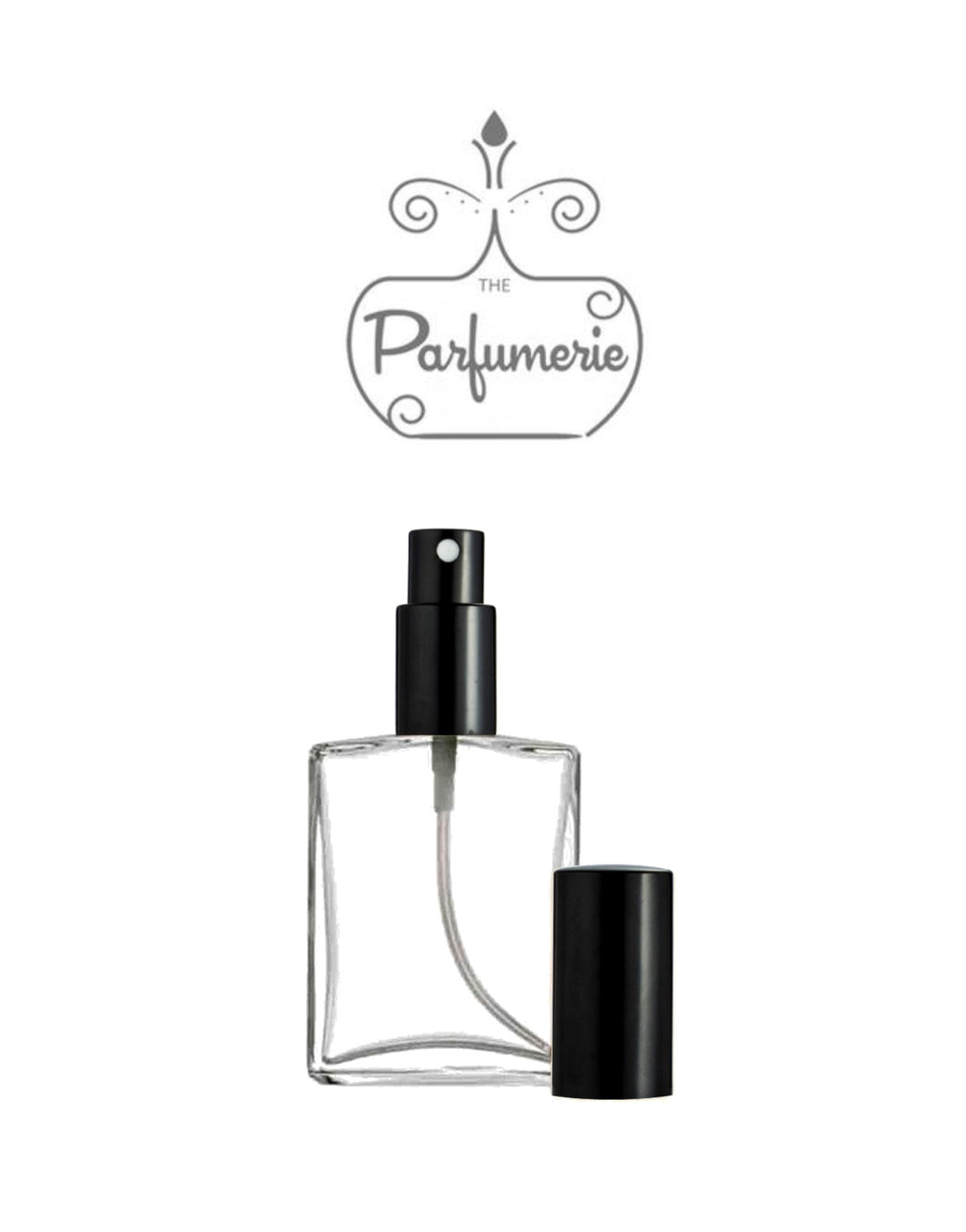 Refillable Perfume Bottle. Clear glass Flat Spray Bottle in 2 oz.  This Large Perfume Bottle has a Black Sprayer Top and Over Cap.