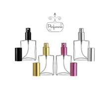 Load image into Gallery viewer, Fillable Perfume Bottles. Clear glass Flat Spray Bottles in sizes 1/2 oz. 1 oz., 2 oz. and 4 oz. Cap color options are Black, Gold, Purple and Silver.