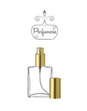 Load image into Gallery viewer, Refillable Perfume Bottle. Clear glass Flat Spray Bottle in 2 oz. This Large Perfume Bottle has a Gold Sprayer Top and Over Cap.
