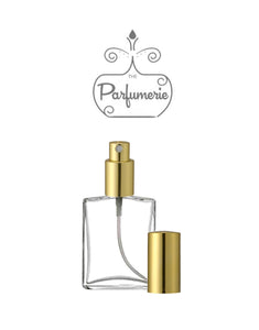 Refillable Perfume Bottle. Clear glass Flat Spray Bottle in 2 oz. This Large Perfume Bottle has a Gold Sprayer Top and Over Cap.