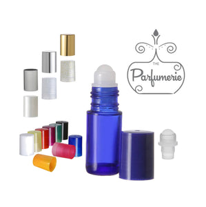 5ml Blue Glass Roller Bottles with Plastic Rollerball Inserts and Cap options of Plastic Black, Blue, Glitter-Gold/Silver, Gold/Silver/Brushed Silver Shiny Metal, Green, Orange, Pink, Purple, Red, White, White Pearl and Yellow.