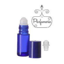 Load image into Gallery viewer, 5ml Blue Glass Roll On Bottle with Plastic Rollerball Insert and Blue Cap. These Lip Gloss Rollers work great for Perfume Oils, Essential Oils and Fragrance Oils as well as Lip Oils and Lip Gloss.