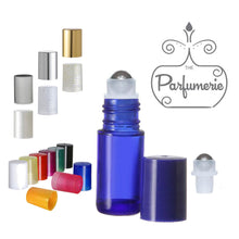 Load image into Gallery viewer, 5ml Blue Glass Lip Oil Rollers with Stainless Steel Rollerball Inserts and Cap options of Plastic Black, Blue, Glitter-Gold/Silver, Gold/Silver/Brushed Silver Shiny Metal, Green, Orange, Pink, Purple, Red, White, White Pearl and Yellow. 