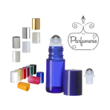 Load image into Gallery viewer, 5ml Blue Glass Lip Gloss Rollers with Stainless Steel Rollerball Inserts and Cap options of Plastic Black, Blue, Glitter-Gold/Silver, Gold/Silver/Brushed Silver Shiny Metal, Green, Orange, Pink, Purple, Red, White, White Pearl and Yellow.