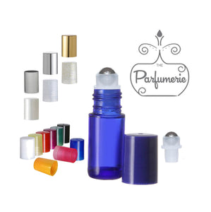 5ml Blue Glass Lip Gloss Rollers with Stainless Steel Rollerball Inserts and Cap options of Plastic Black, Blue, Glitter-Gold/Silver, Gold/Silver/Brushed Silver Shiny Metal, Green, Orange, Pink, Purple, Red, White, White Pearl and Yellow.