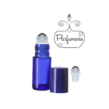 Cargar imagen en el visor de la galería, 5 ml Blue Glass Roll On Bottle with Stainless Steel Rollerball Insert and Blue Cap for Perfume Oils.