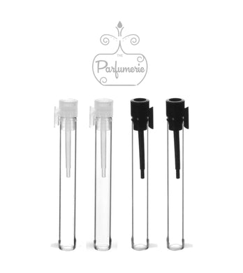 1.5 ml clear glass perfume vials with natural or black applicator wands. Great for aromatherapy supplies!