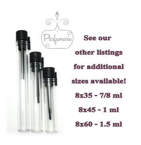 The Parfumerie offers 3 different size glass tubes, glass vials and 2 different color applicator wands! 
