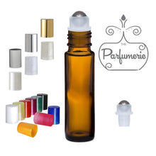 Load image into Gallery viewer, Amber Essential Oil or Perfume Oil Bottle with Stainless Steel Rollers and Cap Color Options