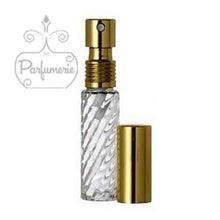 Load image into Gallery viewer, Perfume Bottles. 10ml Perfume Spray bottle. Swirl Glass with Gold Atomizer Sprayer Top and Over Cap for Perfume Oils, Essential Oils or Fragrance Oils.