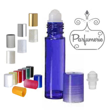 Load image into Gallery viewer, Blue Roll On Bottle with Plastic Rollerball and Color Cap Options for Perfume Oils, Essential Oils, Fragrance Oils and Lip gloss and Lip Oils. Color Cap Options include: Blue, Green, Orange, Pink, Purple, Red, White, White Pearl, Yellow, Glitter Gold, Glitter Silver, Metallic Silver and Gold as well as a Brushed Silver.