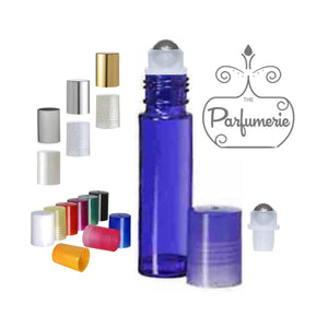 Blue 10 ml Glass Roll On Bottle with stainless steel roller inserts and colored cap options