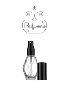 Diamond Glass Perfume Atomizer Bottle with a black spray top and over cap. Sizes available are 1/2 oz., 1 oz. and 2 oz.