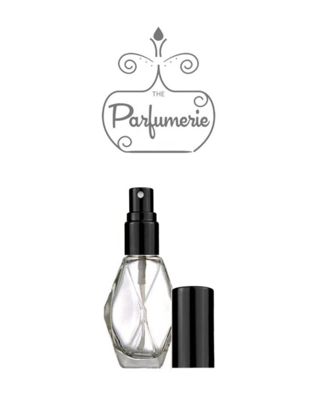 Diamond Glass Perfume Atomizer Bottle with a black spray top and over cap. Sizes available are 1/2 oz., 1 oz. and 2 oz.