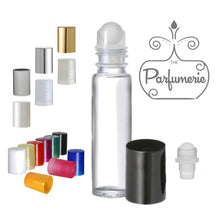 Load image into Gallery viewer, Clear Glass 10 ml Roller Bottle with Plastic Rollerball Bottle Inserts and Color Cap Options for Perfume Oils, Essential Oils and Fragrance Oils as well as Lip Gloss and Lip Oils.