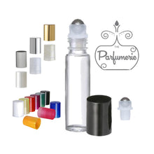 Load image into Gallery viewer, 10 ml Clear Roll On Bottle with Steel Rollerball Insert and Color Cap Options