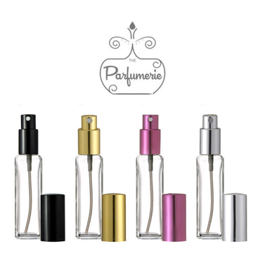 1 oz. Tall Glass Perfume Bottles. Atomizer Spray Bottles. Sprayer tops include Black, Gold, Purple and Silver with matching over cap. Atomizer Bottles perfect for Perfume Oils, Essential Oils, Fragrance Oils and Room Sprays.