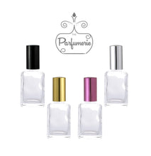 Load image into Gallery viewer, Small Perfume Bottle with clear glass. These mini Perfume Bottles come with Black, Gold, Purple and Silver Spray Tops with Over Cap. High Quality Spray Bottles hold 1 oz. Perfume Oils, Essential Oils or Fragrance Oils.