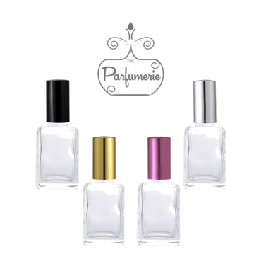 Small Perfume Bottle with clear glass. These mini Perfume Bottles come with Black, Gold, Purple and Silver Spray Tops with Over Cap. High Quality Spray Bottles hold 1 oz. Perfume Oils, Essential Oils or Fragrance Oils.