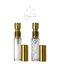 Load image into Gallery viewer, Perfume Bottles. 10ml Perfume Spray bottle. Clear Glass or Swirl Glass with Gold Atomizer Sprayer Top and Over Cap