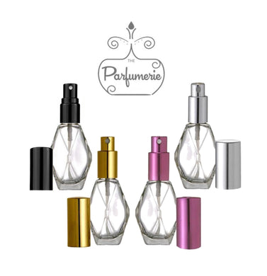Diamond Glass Perfume Atomizer Bottles. Clear glass with different color sprayer tops and over caps. Your choice of Black, Gold, Purple and Silver.  Sizes are 1/2 oz., 1 oz. and 2 oz.
