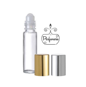 Clear Roll On Bottle with Plastic Insert and Metallic, Shiny Gold and Silver Cap Options