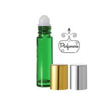 Load image into Gallery viewer, 10 ml Green Roller Bottle with Plastic Insert and Gold and Silver Shiny Metallic Caps