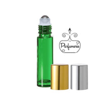 Load image into Gallery viewer, Green 10 ml Roll On Bottle with Steel Rollerball and Metallic caps in Shiny Gold and Silver