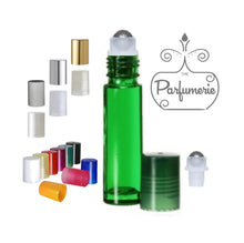 Load image into Gallery viewer, Green Roll On Bottle with Stainless Steel Rollerball and Cap Color Options