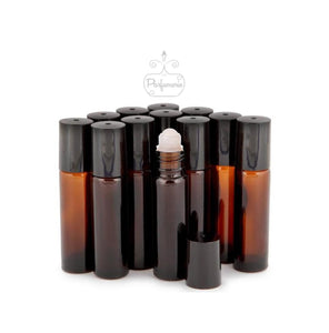 Amber Roller Bottle with UV Protection, Plastic Inserts and Black Caps