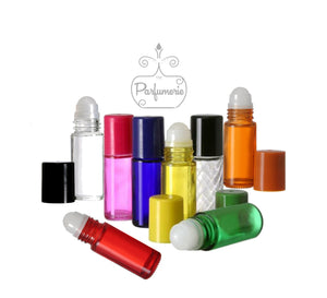 1 oz. glass roll on bottles offered at THE PARFUMERIE in clear, swirl, blue, green, orange, pink, red and yellow. Wholesale.