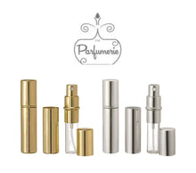 Load image into Gallery viewer, Metallic Perfume Bottles. 12 ml Atomizer Spray Bottles. Metallic Gold or Metallic Silver options. Inner chamber holds the Perfume Oils, Essential Oils or Fragrance oils for Perfumes, Colognes, Room Sprays, Car Refreshers and Pillow Mists.
