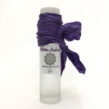 Load image into Gallery viewer, 10ml Frosted Glass Roll On Bottle with a white cap and Sari ribbon accent. White Amber Perfume Oil