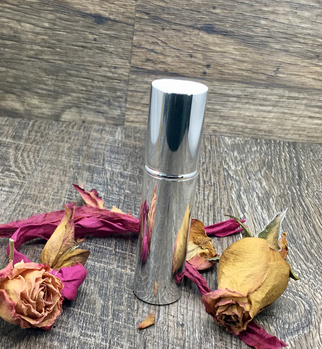 Metallic Perfume Bottles. 12 ml Atomizer Spray Bottles. Metallic Silver. Inner chamber holds the Perfume Oils, Essential Oils or Fragrance oils for Perfumes, Colognes, Room Sprays, Car Refreshers and Pillow Mists.