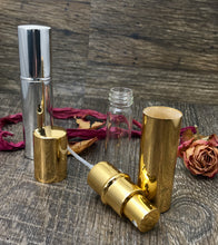 Load image into Gallery viewer, Metallic Perfume Bottles. 12 ml Atomizer Spray Bottles. Metallic Gold or Metallic Silver options. Inner chamber holds the Perfume Oils, Essential Oils or Fragrance oils for Perfumes, Colognes, Room Sprays, Car Refreshers and Pillow Mists.