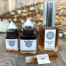 Load image into Gallery viewer, The Parfumerie&#39;s Black Musk Attar is imported and offered in size 1 ml Sample Vial, 8 ml and 15 ml Gift Bottles of pure oil,  30 ml spray extrait blended with Certified Organic Cane Alcohol 