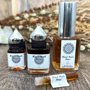 The Parfumerie's Black Musk Attar is imported and offered in size 1 ml Sample Vial, 8 ml and 15 ml Gift Bottles of pure oil,  30 ml spray extrait blended with Certified Organic Cane Alcohol 