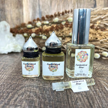Load image into Gallery viewer, Sandalwood Attar is offered in 30 ml parfum extrait, 15 ml and 8 ml gift bottles of alcohol -free oil, and 1 ml sample vial of alcohol-free oil. 