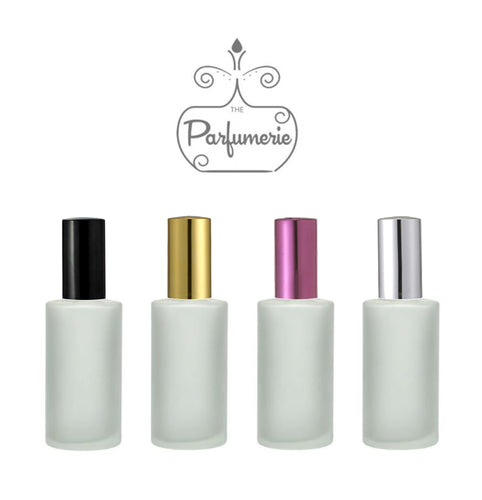 Perfume Bottles. 2 oz. Perfume Spray bottles. Frosted Glass with Black, Gold, Purple and Silver Atomizer Sprayer Tops and Over Caps for Perfume Oils, Essential Oils or Fragrance Oils.