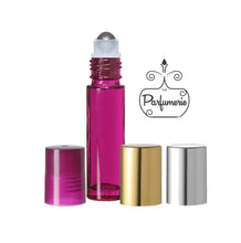Load image into Gallery viewer, Purple Roller Bottle with Steel Insert and Purple, Metallic Gold and Metallic Silver Caps