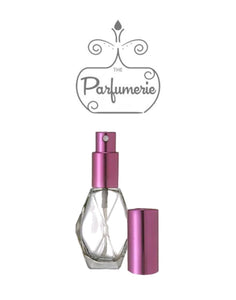 Perfume Bottle. Diamond Glass Atomizer Spray Bottle with a Purple spray top and over cap. Sizes available are 1/2 oz., 1 oz. and 2 oz.